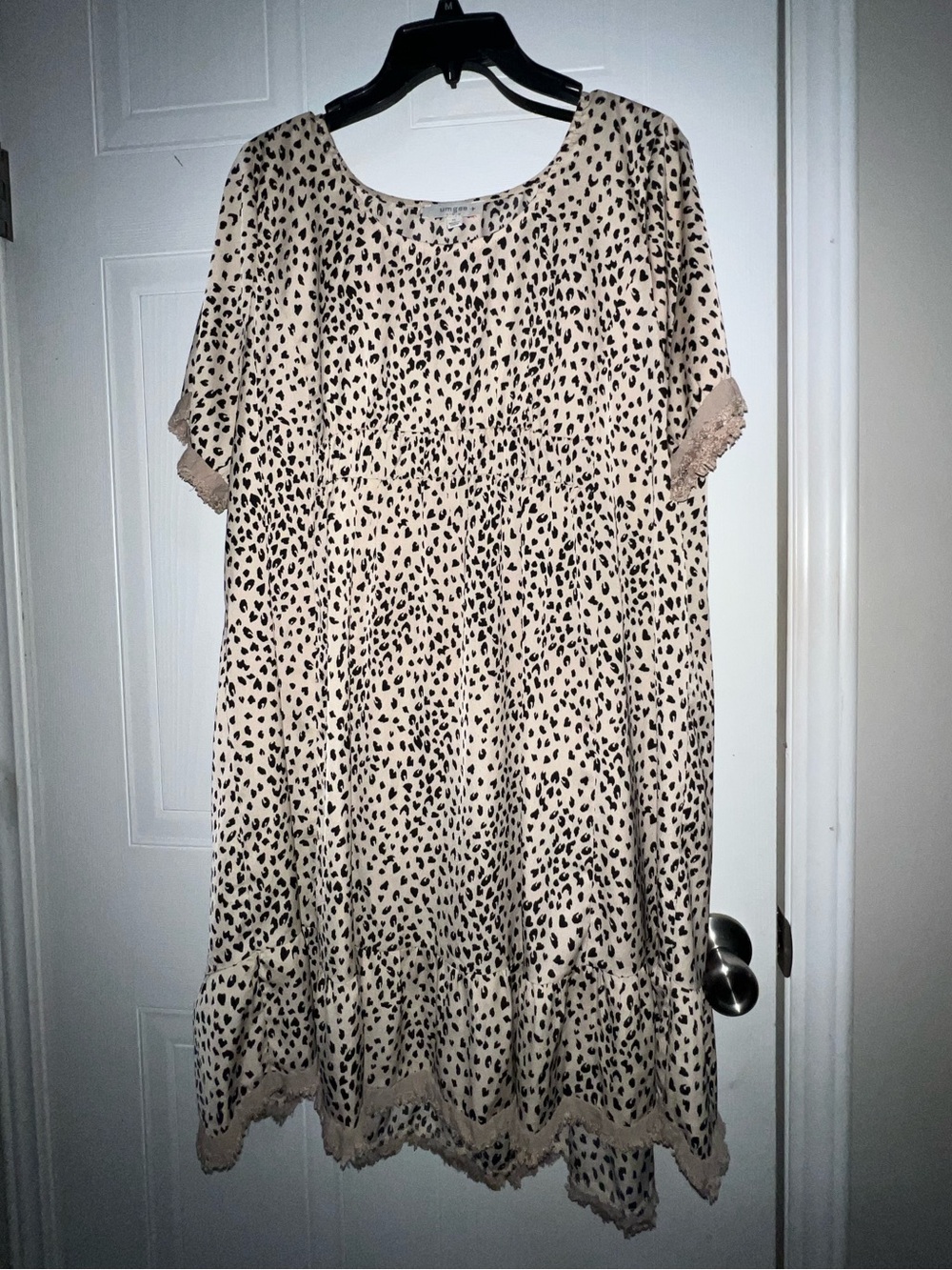 Umgee Beige and Black Leopard Midi Dress with Lace Trim
